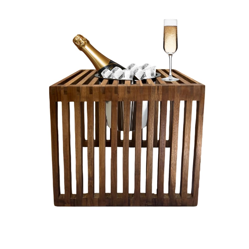 Beistelltisch Mykonos mit Kühlfunktion & herausnehmbarem Edelstahl-Getränkekühler | Outdoor Loungetisch aus Teakholz | wetterfest für Garten, Terrasse & Balkon | 40x40x40 cm Braun