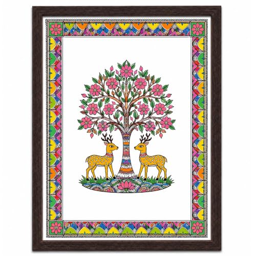 Image of PAPER PAJAMA Deer Pair Under Tree Wall Art for Living Room | Madhubani Tree of Life Painting | Traditional Mithila Folk Art Framed Decor for Home, Bedroom & Office (10x13 Inches)