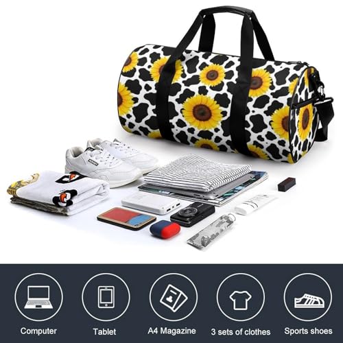 Travel Duffle Bag, Unisex Cow Print Sunflower Spacious Water-Resistant Reusable Luggage Bags, Cute Large Sports Gym Bags for Women Men4