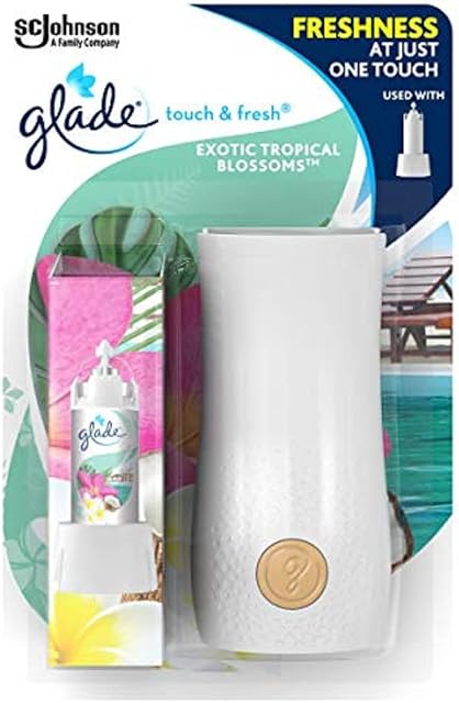 Glade Touch & Fresh Toilet Spray Air Freshener, Touch Activated Odour Eliminator for Bathroom & Home, Starter Kit with Holder & 10 ml Refill, Tropical Blossoms, Pack of 1, Packaging May Vary