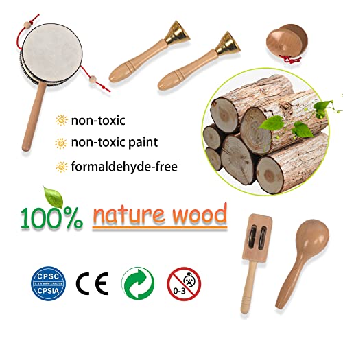 Wooden Musical Instruments Set for Toddlers 1-3, Natural Wood Percussion Instruments Xylophone Gift Set for Girls Boys Kids ,Preschool Educational Musical Toys with Storage Bag (Log Color)