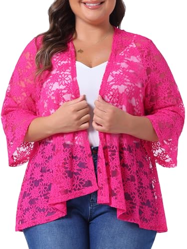 Image of Agnes Orinda Women Plus Size Open Front Lace Cardigans | 3 /4 Bell Sleeve Sheer Formal Bolero Shrugs Lightweight Floral Crochet Cover Up