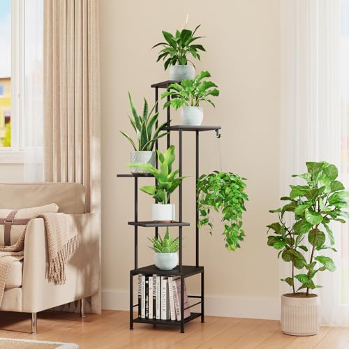Image of Homsorout Plant Stand Indoor with Grow Light - 6-Tier Metal Plant Shelf with Hanging Basket Hook, Corner Tall Flower Holder for Multiple Plants, Living Room Balcony Garden Patio, Black