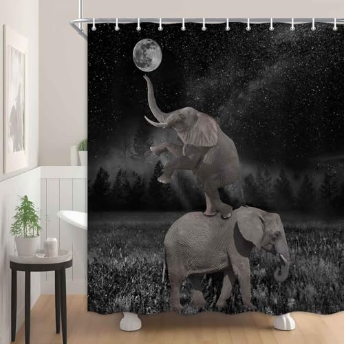 Image of Boziqr Funny Shower Curtains for Bathroom, Cute Elephant Moon Forest Bath Curtain, Rustic Farmhouse Decor Polyester Fabric Fun Cool Animals Black 70 x 84 Inches