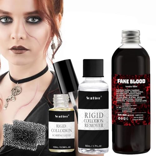Rigid Collodion Collodium Narben mit Pinsel & Narben Entferner + Kunstblut + Schwamm Halloween Schminke Special FX Make-Up Fluid Collodion Narbe Spezialeffekt Narbenflüssigkeit Narbenflüssigkeit
