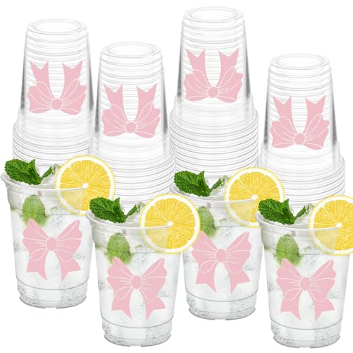 HYMENEX 50Pcs Pink Bow Cups, 12oz Cute Bowknot Plastic Cups for Wedding Bridal Shower Supplies Birthday Party Decorations Favors