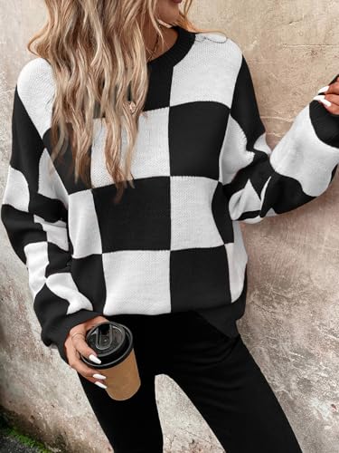 Image of SHENHE Women's Checkered Color Block Oversized Sweater Plaid Crew Neck Drop Shoulder Pullovers Black Medium