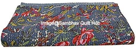 Queen/Twin/King Grey Handmade Bird Home Decor Bed Bohemian Bird Queen Bedspread Handcrafted Handmade Quilt Kantha Bird Print Cover Unique Blanket Bedding Quilt (60X90 inch)