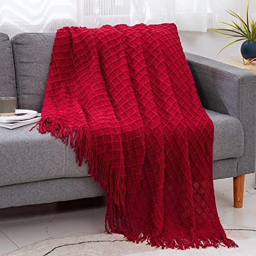 Lunarose Throw Blanket for Couch,Soft Cozy Knit Blanket with Tassel,Lightweight Decorative Throw for Sofa Chair Bed Travel and Living Room-All Seasons Suitable for Women,Men and Kids (50x60, Red)