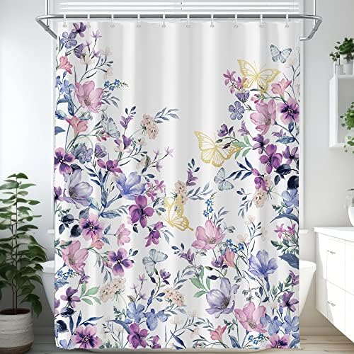 Visioun Purple Floral Butterfly Shower Curtain for Bathroom 60W*72H Inch Vintage Watercolor Wildflower Botanical Lavender Aesthetic Bathtub Decor Spring Waterproof Polyester Fabric Set with 12 Hooks