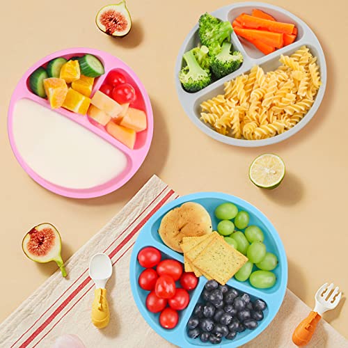 Silicone Suction Plates For Toddler & Baby, Divided Design, Non-Slip Design, Bpa Free, Microwave & Dishwasher Safe, 3 Pack Unbreakable Feeding Set (Pink & Blue & Grey) #TOP6