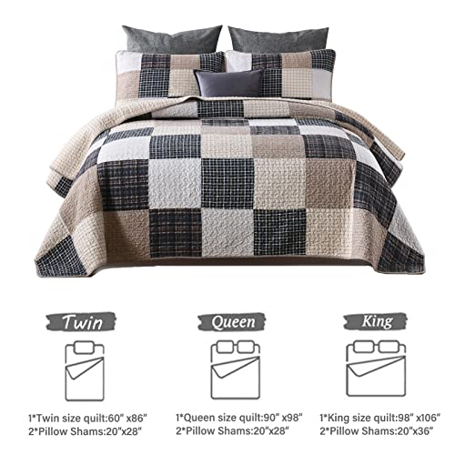 Y-Plwomen Quilts Queen Size, 100% Cotton Queen Quilt Set, Brown Khaki Black White Patchwork Plaid Queen Size Bedspread, Lightweight Reversible Soft Summer Quilt Bedding Set, 3-Pieces #TOP6