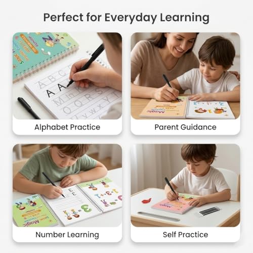 Image of Magic Practice Copybook Set for Kids (4 Books + 1 Pen + 10 Refills) | Reusable Number & Alphabet Tracing Book | Magic Calligraphy Writing Practice Book for Preschool Learning Tool
