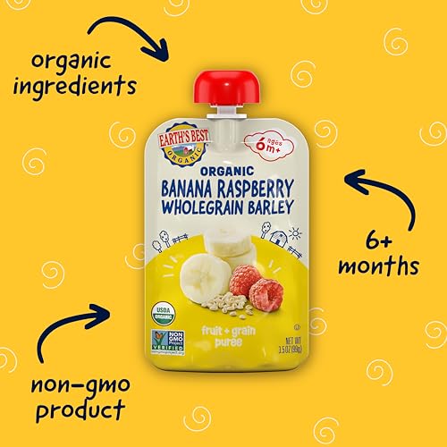 Earth's Best Organic Baby Food Pouches, Fruit and Grain Puree for Babies 6 Months and Older, Organic Banana Raspberry and Whole Grain Barley Puree, 3.5 oz Pouch (Pack of 12)