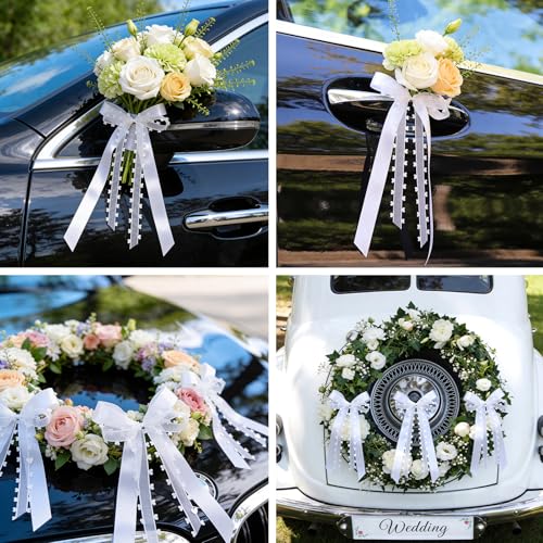 Roplua 50 Stück Übergroße Autoschleifen Hochzeit Schleifen Hochzeit Deko Vintage Antennenschleifen, Weiß Mit Herzen Schleifen Hochzeit Auto Handgemacht Satinband für Hochzeits, (ca. 33 × 16 cm)