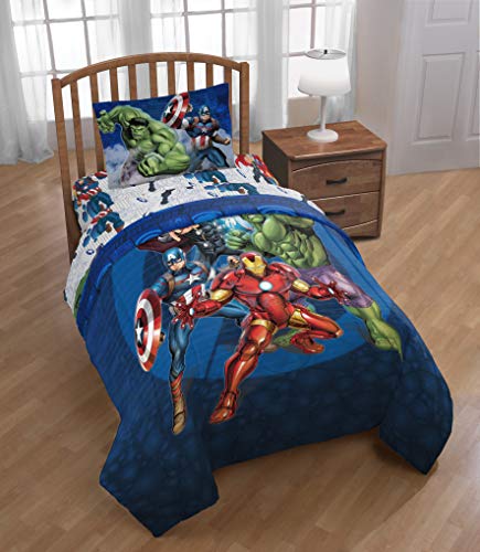Image of Jay Franco Marvel Avengers Blue Circle 4 Piece Twin Bed Set - Includes Reversible Comforter & Sheet Set - Super Soft Fade Resistant Polyester (Official Marvel Product) | Captain America, Bed in a Bag, Comforter Sheets Pillowcase, Official Product, Soft Microfiber, Machine Washable, Boys Gift