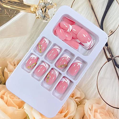 Short French Tip Press On Nails Square Fake Nails Pink Acrylic Nails With Rhinestones White Nail Tips Full Cover False Nails With Designs Artificial Cute Glue On Nails For Women Girls, 24Pcs #TOP5