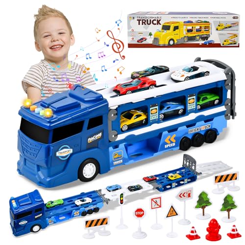 Focenat Camión de Transporte,Camiones de Juguete para niños,Camion Juguete con Luces y Sonidos,Camion Transporte Coches,con 6 Coches de Carreras,Coches Juguetes Regalo,para Niños de 3 4 5 6+ Años