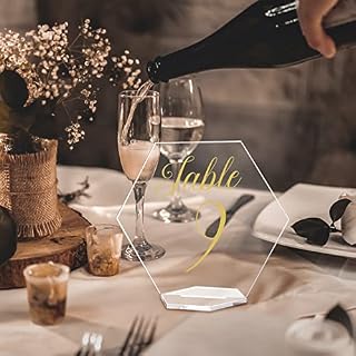Table Numbers, SCOOLR 1 to 20 Acrylic Elegant Wedding Table Number of Seat with Holder Base for Wedding Banquet Birthday Party Restaurant Table Centerpieces Decor (Hexagon,Transparent)