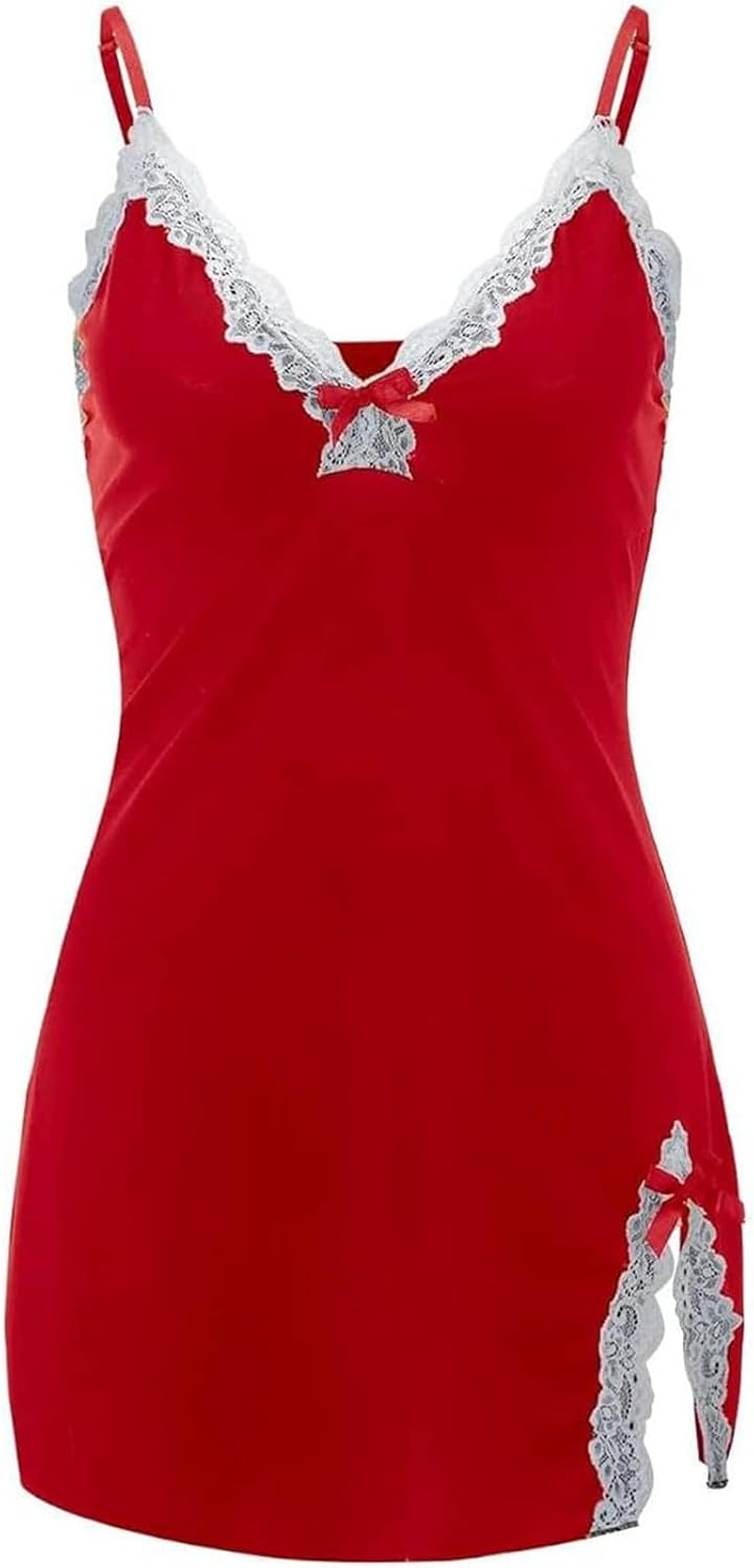 Christmas Lingerie for Women Sexy Santa Babydoll V Neck Sleeveless Lace Chemises Sleepwear Christmas Valentines Gifts
