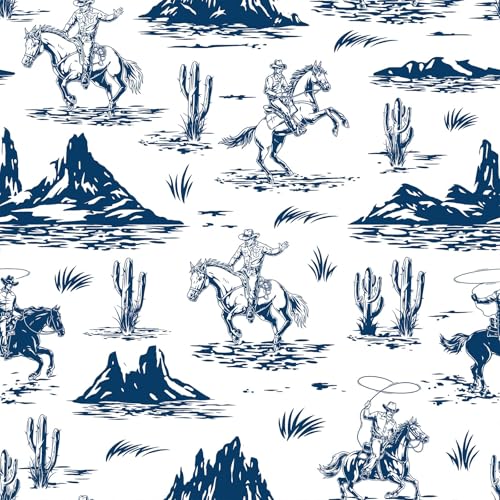 LACHEERY Wild Western Cowboy Wallpaper Peel and Stick Vintage Navy Blue and White Wallpaper Stick and Peel Horse Desert Cactus Wall Paper Removable Contact Paper for Walls Cabinets Bathroom 17.5"x80"