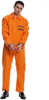 Adult Men Orange Prisoner Jumpsuit Costume Halloween Jailbird Inmate Onesie Convict Cosplay Bodysuit