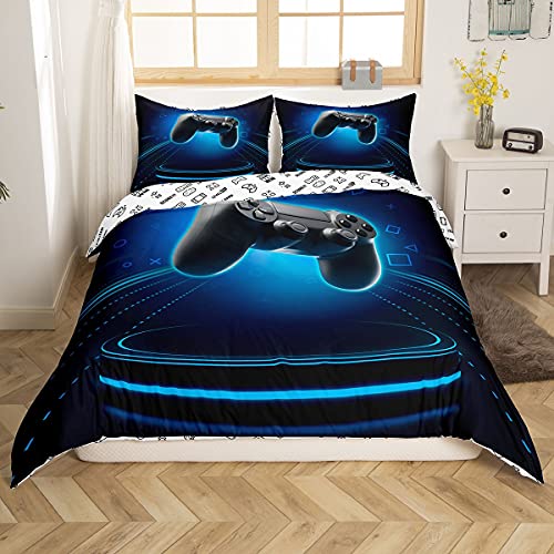 Games Comforter Cover Single,Gamepad Duvet Cover For Boys,Kids Video Games Bedding Set Modern Gamer Action Buttons Quilt Cover Fashion Teens Bedroom Decor Gaming Gift Collection,(Blue Geometry)