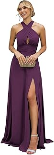 Halter Chiffon Long Bridesmaid Dresses with Slit A Line Formal Dress Evening Party Gowns