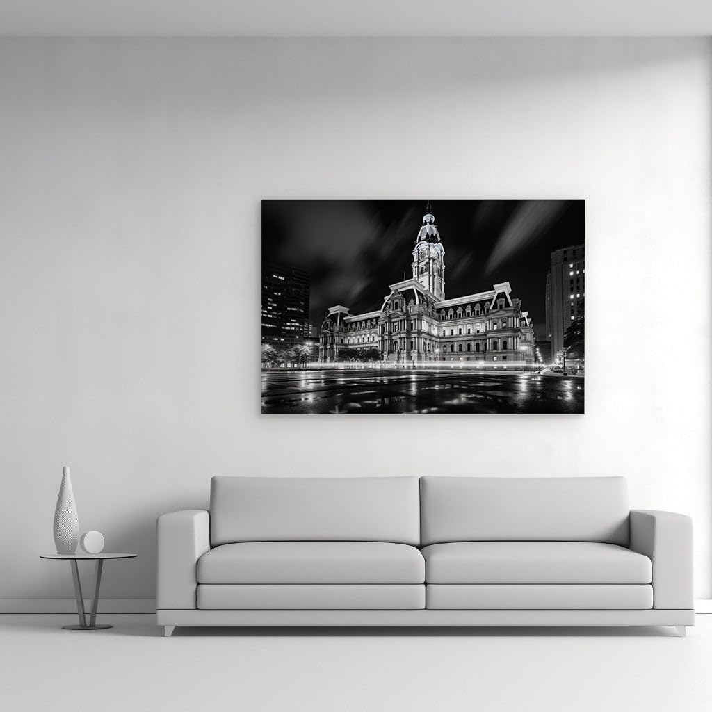 Canvas for Living room. Elegance After Dark Emanates from Philadelphia City Hall, 27 x 18 inch Canvas Wall Art - Ready to Hang