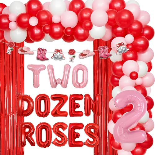 Funmemoir Two Dozen Roses Cowgirl 2nd Birthday Decorations - Balloon Garland Kit, Foil Fringe, Banner, Foil Balloons for Pink Floral Western Theme 2 Year Old Girl Birthday Party