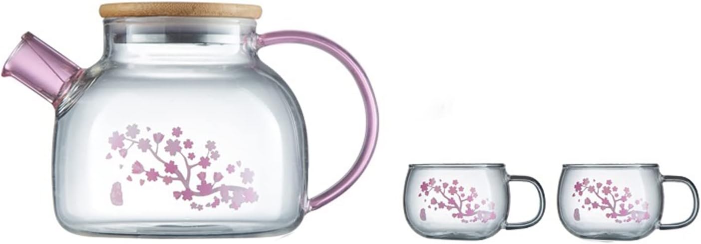 Glass Jug Water Carafe Glass Cold Water Kettle Set with Cup Household Heat Resistant Tea Set Transparent Cups Pink Teapot (D) (A)