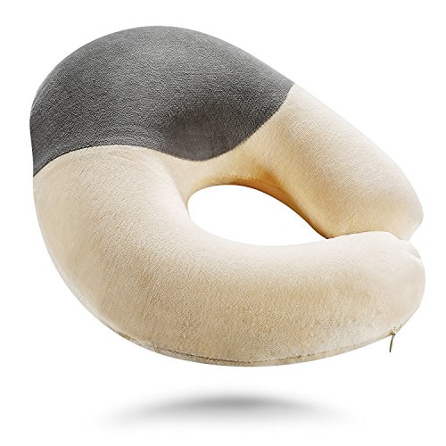 Konnor Memory Foam Travel Neck Pillow with Fight Traveling - Special Comfort Shape Design Removable Case - Comfortable and Firm Support, Perfect for Airplane Traveling - Grey and Beige