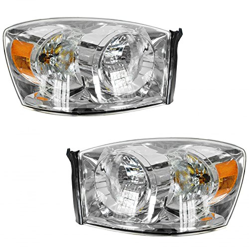 Headlights Headlamps w Chrome Bezel Pair Set for 06-08 Dodge Ram Pickup Truck