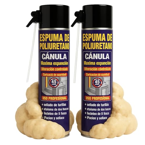 TECHZOCO Espuma de poliuretano, poliuretano con Cánula, Espuma expansible, De alta expansión, Apto para fijar, rellenar y aislar frente a ruidos, frío y corrientes de aire, Contiene 750 ml, 2 botes