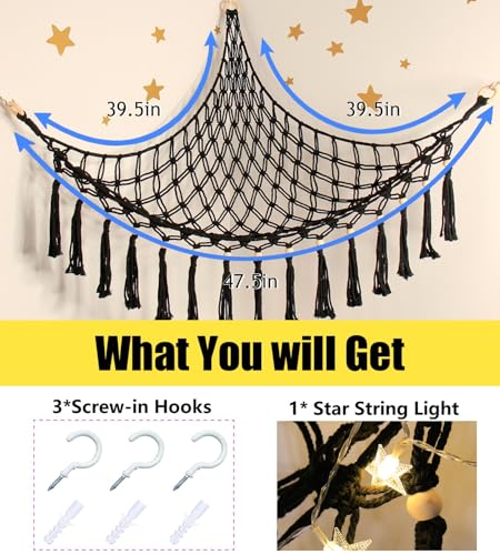 Image of Stuffed Animal Toy Storage Hammock with LED Light - Macrame Jumbo Doll Corner Stuff Animals Organizer Decorations - Cute Hanging Plushie Net Kids Baby Nursery Bedroom Room Decor