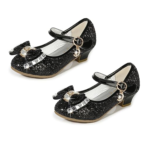 Yoawdats Girls Toddler Dress Shoes Sparkly Ruby Bowkno Flowert Wedding Party Bridesmaids Low Heel Princess Shoes for Kids (Black, 18.2 cm)