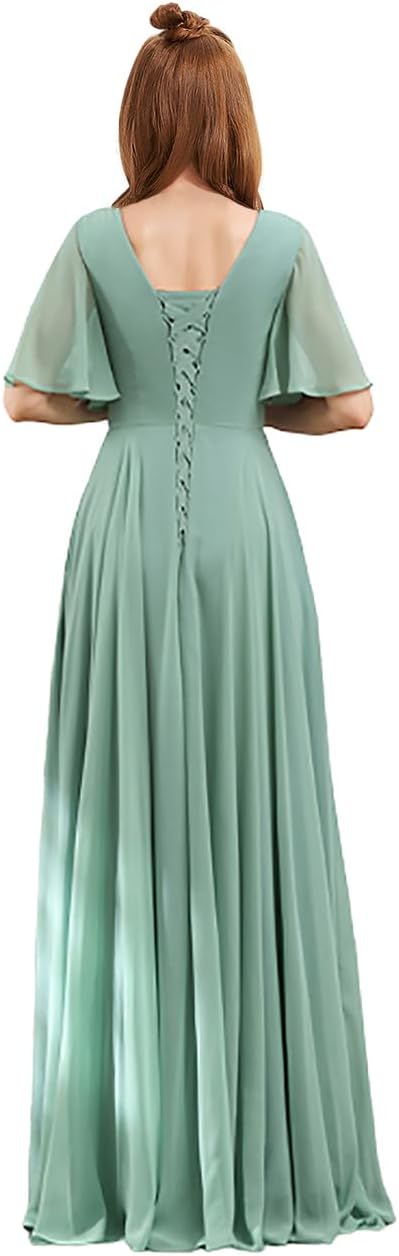 MRHUSH Junior Bridesmaid Dresses V-Neck Flutter Sleeve Flower Girl Dresses for Wedding Long Chiffon Formal Prom Gown A-Line
