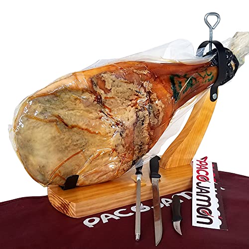 Paleta Ibérica Paco Jamon, 11-12 libras, 24 Meses de Curación + Jamonero Modelo Góndola + Cuchillo Jamonero Flexible + Chaira + DVD Guía