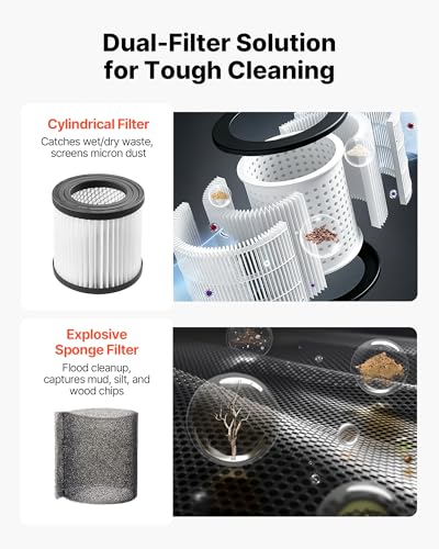 Image of VEVOR Commercial Shop Vac, 11 Gallon Wet Dry Shop Vacuum, 5.5 Peak HP Portable with One-Button Self-Cleaning, 1350W Input, 1.25in x 7ft Hose, 20ft Cord, Industrial-Grade for Jobsite, Workshop