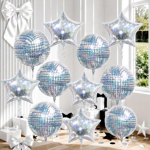 Image of 9 Pcs Disco Ball Balloons and Star Balloons 22 /18 4D Ball Balloons Laser Metallic Silver Disco Star Mylar Balloon for Birthday Bachelorette 70s 80s 90s Themed Grad Retro Prom Party Decor