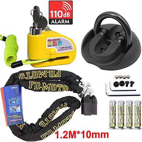 FD-MOTO 1,2 * 10mm Candado de Cadena para Moto + Ancla de Tierra + 110dB Bloqueo de Disco de Alarma