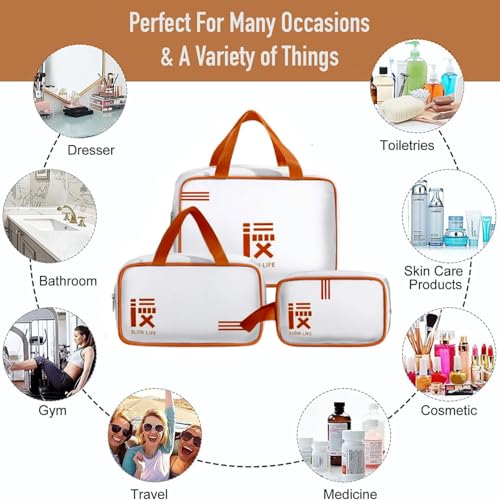 Image of KUKLAR 3 Piece Clear Toiletry Bag Set TSA Approved Cosmetic Makeup Bags with Handles Waterproof Travel Organizer Pouches for Carry-on Bag for Women & Men (Brown)