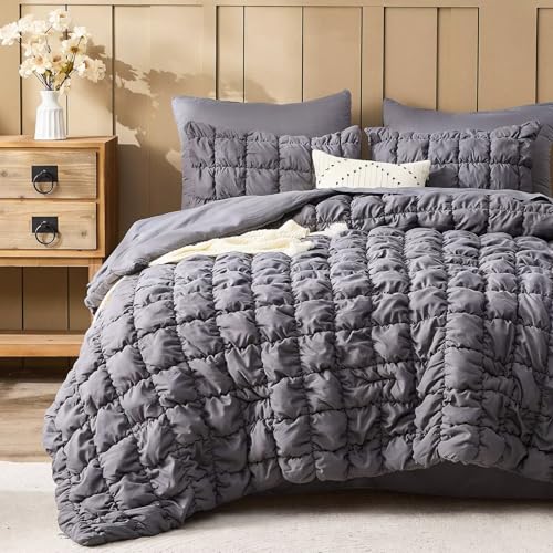 Image of Grey Comforter Set King Size Bed in A Bag 7 Piece Pinch Pleat Bedding Set, Pintuck Ruched Square Bed Set with Comforter, Sheets, Pillowcases & Shams