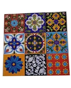 Shiv Kripa Blue Pottery Home Decorative Ceramic Wall Hanging Tile Design Flooring Tiles Floral Kitchen Washroom Mosaic Furniture Tile Handmade Backsplash 2 x 2 Inches (Pack of 9, Multicolor)