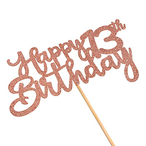 Image of Festiko Rose Gold Glitter 13th Happy Birthday Cake Topper Boys Girls Food Picks for Celebrating Thirteen Years Old Birthday Anniversary Party Decorations Supply