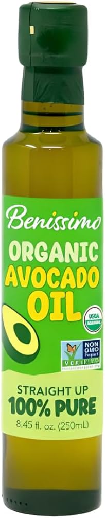 Benissimo 100% Pure Organic Avocado Oil – Cold-Pressed, Non-GMO, Allergen-Free Cooking Oil, 8.45 Fl Oz - Perfect for Sautéing, Frying, Baking & Salads