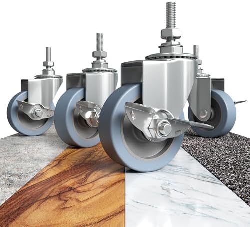 Houseables Caster Wheels, Casters, Set of 4, 75mm, Heavy Duty, Threaded Industrial Castors, Locking Metal Swivel Wheel, Top Plate, For Furniture, Dolly, Workbench, Trailer Jack, Hardwood Floor Cart