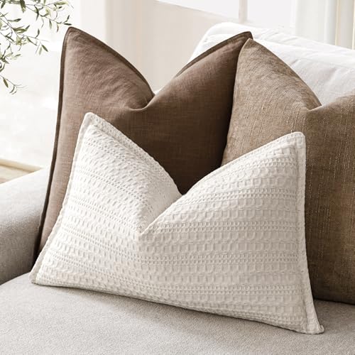 Image of Foindtower Set of 2 Decorative Cotton Waffle Weave Lumbar Throw Pillow Covers Euro Shams Cushion Covers Accent European Pillowcase For Bed Couch Bedroom Living Room Home Decor 12x20 Inch Natural Ivory