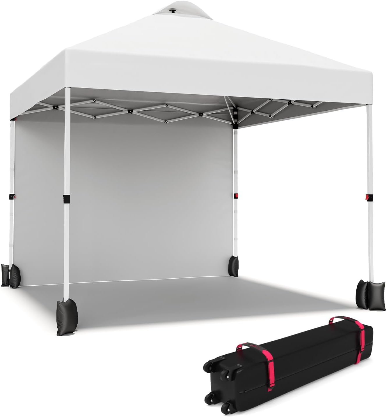 10x10 Pop Up Canopy with 1 Sidewall, Easy Up Outdoor Camping Tent with One Button Push Setup, Portable Roller Bag & 4 Weight Bags for Patio, Garden, Sports, Beach, Party, Height Adjustable, Black