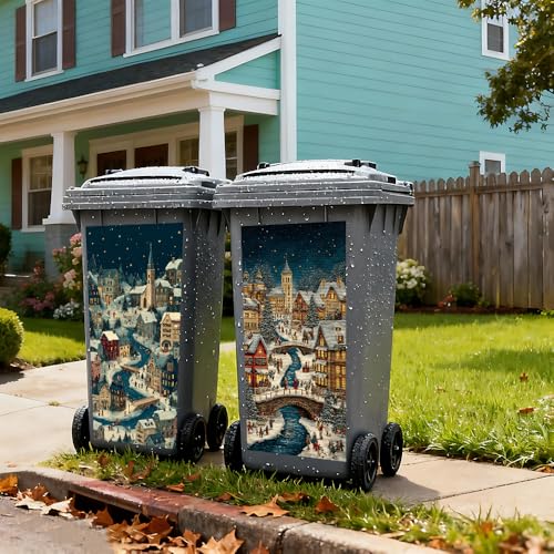 Image of 2 PC Trash Can Sticker 14.57 x 32.28 Inch Christmas Village Winter Town Vinyl Sticker with River Bridge Night Light and Snow House Pattern for Outdoor Garbage Bin Garden Yard Decor